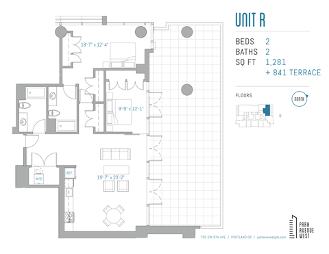 Floor plan for 2 beds, 2 baths, 1281 sqft